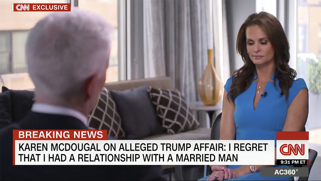 Former Playboy model Karen McDougal speaking with CNN's Anderson Cooper.